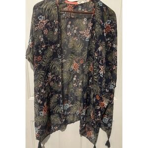 Jolt Kimono Women's Floral  Tassels Size Medium Navy‎ Peach Lightweight